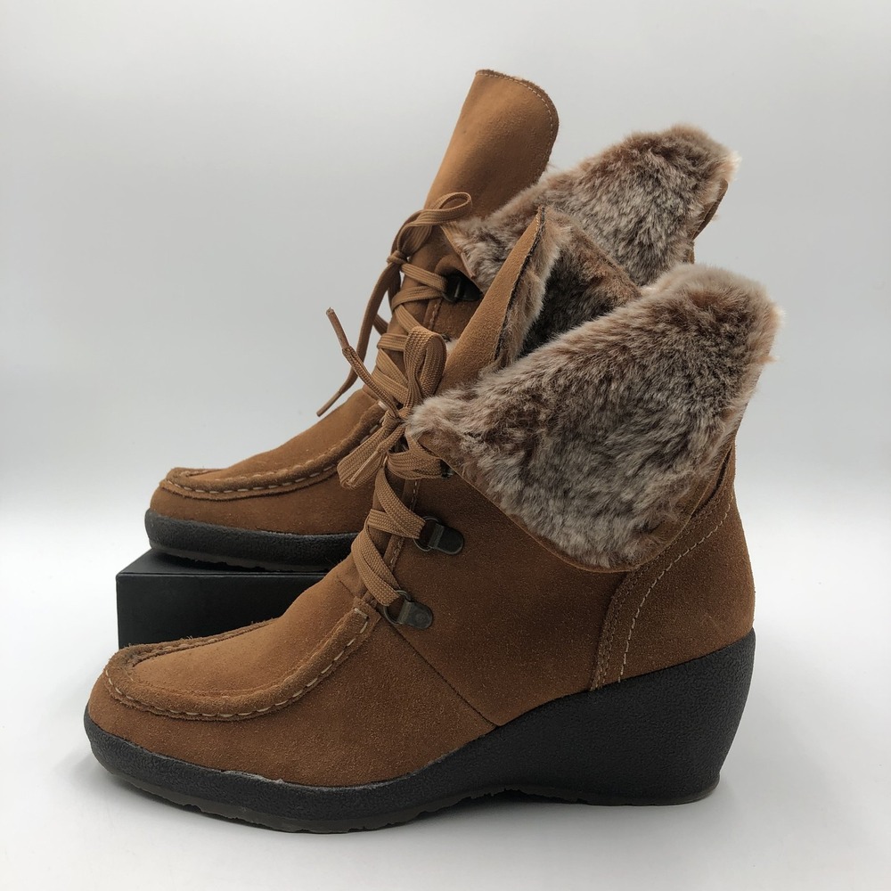 Iso Isotoner Boots Womens 9 M Vanessa Ankle Bootie Brown Leather Lace Up Wedge - Picture 3 of 11